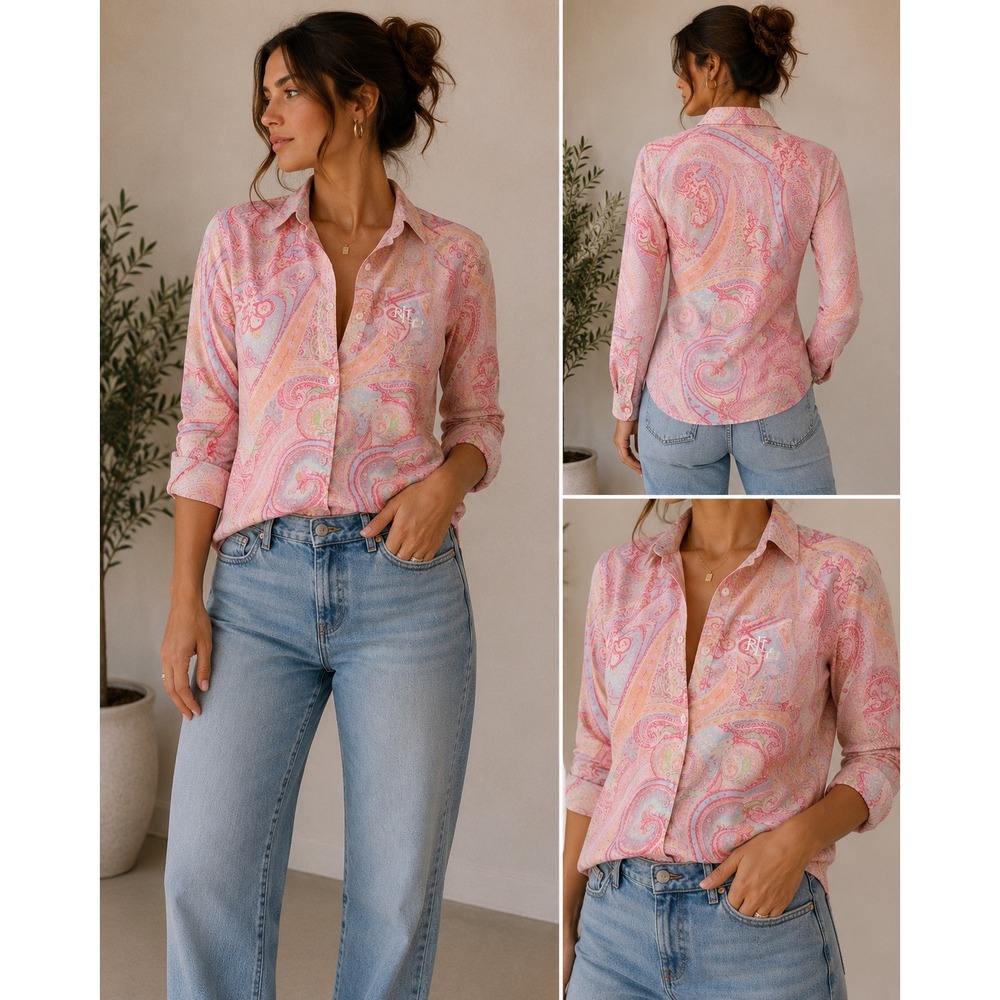 Lauren Ralph Lauren Pink Paisley Button Down Shirt RL Monogram LN92403 Womens S